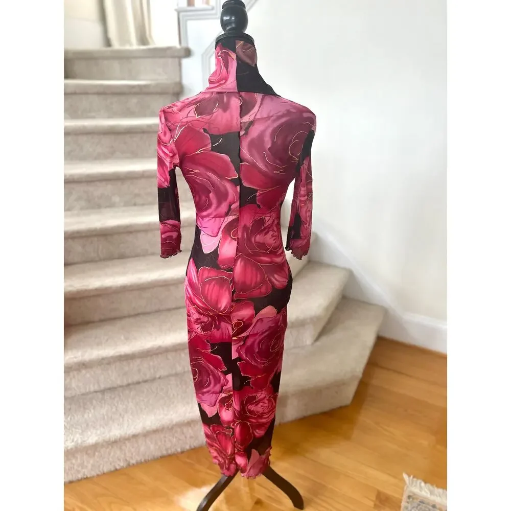 Vintage Y2K Mesh Sheer Black Red Floral Rose Metallic Gold Slip Dress - Picture 2 of 6